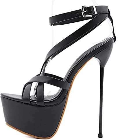 Sandali Donna 17CM Décolleté Sexy Décolleté con Plateau Décolleté Scarpe da Club Tacchi a Spillo Punta Aperta Scava Fuori Tacchi Alti Scarpe Eleganti Nere,Nero,40 EU