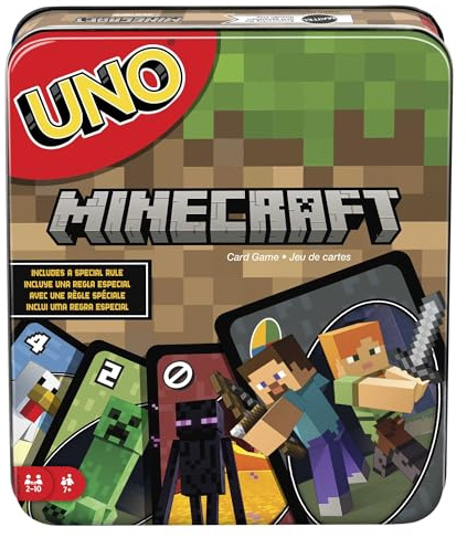 Mattel Games UNO Card Game, Gifts for Kids and Family Night, Themed to Minecraft Video Game, Travel Games, Storage Tin Box (Amazon Exclusive)