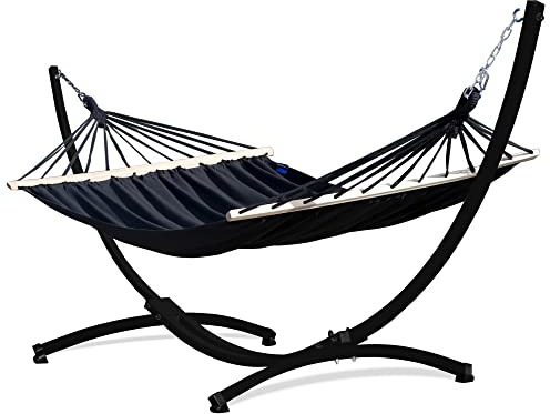 Potenza Outdoor Hängematte mit Gestell für 2 Personen I Stabhängematte XXL 220x160, 200kg I Hängemattengestell 220kg Wetterfest (Schwarz, Gestell Schwarz)