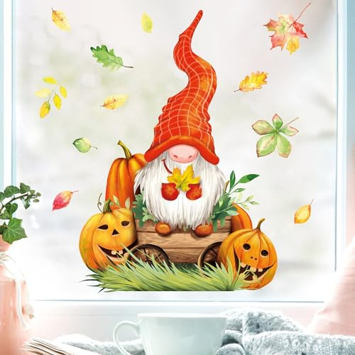 Wandtattoo Loft Fensterbild Herbst Zwerg mit Blättern und Kürbissen herbstlicher Fensteraufkleber Fensterdeko, A4 Bogen
