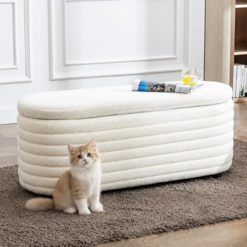 DM Furniture 45.5 Storage Teddy Ottoman Bench Upholstered Fabric Bench Hidden Storage Chest with Slow-Close Safety Hinge for Bedroom, Living Room, Entryway, White