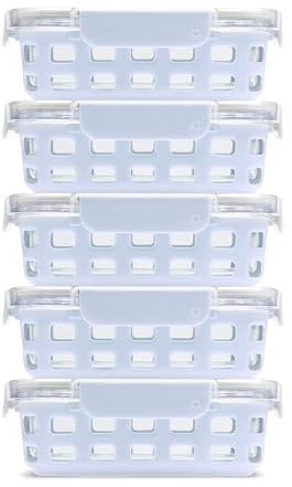 Ello Duraglass 3.4 Cup Meal Prep Sets 10Pc, 5 Pack Set- Glass Food Storage Container with Silicone Sleeve and Airtight BPA-Free Plastic Lids, Dishwasher, Microwave, and Freezer Safe, Halogen Blue