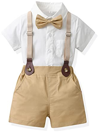 UUAISSO Traje de Caballero para Bebé - Mono de Manga Corta con Camisa y Pantalones con Tirantes - Conjunto Veraniego Infantil Blanquecino 18-24 Meses