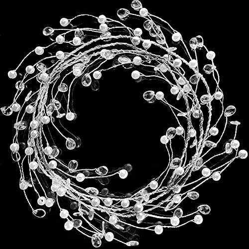 Jishi 20 FT Ice Wire Clear Garland, White Pearl Crystal Teardrop Beads Ornament Christmas Tree Decorations, Acrylic Plastic Diamond Jewel String Branch Garland Strands for DIY Wreath Crafts