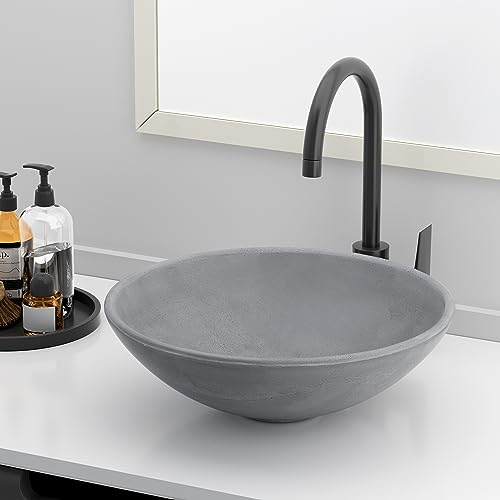 Durx-litecrete Fregaderos redondos de hormigón de 16 pulgadas, cuenco de lavabo de baño, fregadero pequeño sobre encimera, fregaderos de recipiente para baños, superficie lisa, gris