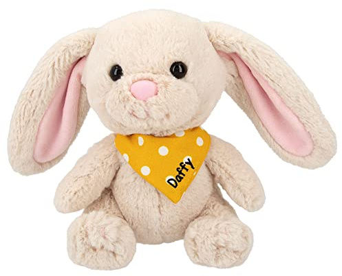 Depesche 12448 SNUKIS - Kuscheltier Hase Daffy mit super weichem Fell in Beige, ca. 18 cm großes Plüschtier mit dunklen Knopfaugen und einem Halstuch in Gelb