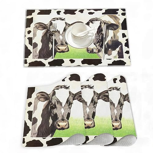 Juego de 4 Manteles Individuales, PVC Resistentes al Calor,Ganado lechero Vaca lechera Verde Pastizal Blanco Negro,Ideales para la Mesa del Comedor y la Cocina 30x45 cm