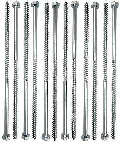 LLB 300mm Screws M10 Coach Screws Wood Hex Head Width 17mm Pack of 12 Zinc Plated Sleeper Concrete Screw Hexagon Lag Half Thread Bolts Silver Long 12 inch x 0.4 inch (10mm x 300mm)
