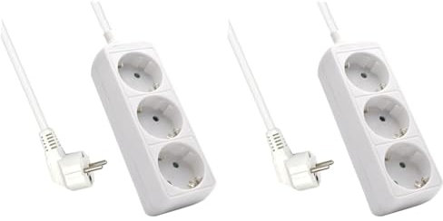 Multipresa Compatta a 3 Posti, Ciabatta Elettrica con 3 Schuko/Tedesche - Spina Schuko/Tedesca- Potenza 250V/2500W - Cavo da 1,5 Metri, Prese Angolate a 45° (Confezione da 2)