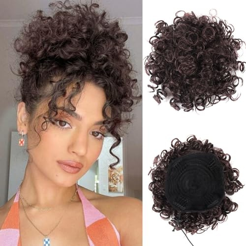 FDEETY Chignon Postiche Cheveux Court Ondulée Extension Naturel Grande Court Ponytail Queue Synthétique avec Pinc de Cheval Chignon Chouchous Extensions Cheveux(Brun)