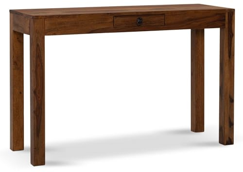 FineBuy Schreibtisch 118x40x76 cm Sheesham Massivholz mit Schublade | schmaler Bürotisch platzsparend, Computertisch aus Echtholz fürs Homeoffice, handgefertigtes Unikat