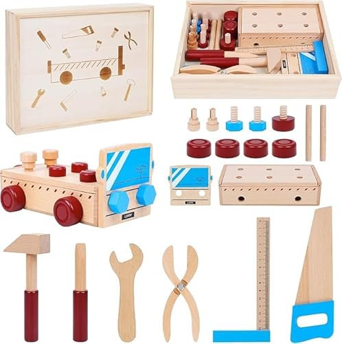 ANYCESO Werkzeugkasten aus Holz mit Zubehör-Montessori Spielzeug Kinder Holzspielzeug Werkzeugkoffer Holz-Konstruktionsspielzeug für Kleinkinder, Vorschulkinder Rollenspiel Ab 2 3 4 5 Jahre
