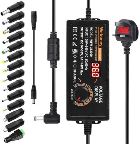 Wefomey Universal Power Supply 9V~36V 4A 144W Adjustable Variable AC/DC Adapter Charger, 100V-240V AC to DC Converter with LED Voltage Display & 14 Tips & Polarity Converter- 4000mA Max