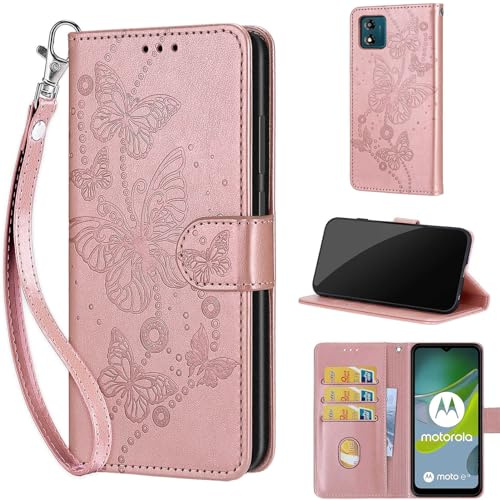 Funda para Motorola Moto E13, Mariposa Rosa Dorado | Ranura Tarjeta,Función de Soporte, Flip Folio Cuero Carcasa, con Tapas Magnético Protección