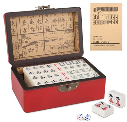 VIHBRAI Mini Chinese Majong Set - Engraved Mahjong Tiles with 144 Pieces, 2 Dice & Leather Carrying Case - Complete Set for Travel, Family, Party