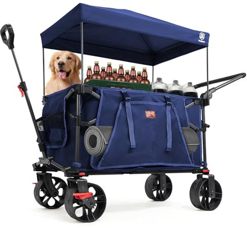 EVER ADVANCED XXL Bollerwagen faltbar 225L bis 150kg mit Bremse Dach Handwagen schieben&ziehen klappbar Strandwagen 20 * 8cm breite Räder Faltwagen für Camping Strand Einkauf Tier
