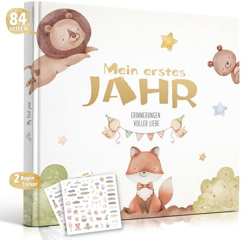 Hyggartn Mein Erstes Jahr Babyalbum mit 129 Stickern Personalisierte Geschenke Baby Geschenk Geburt Junge & Mädchen Fotoalbum Baby Erinnerung Babytagebuch 21x21 cm (Fuchs mit Aufklebern)