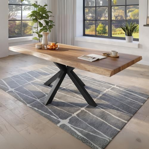 trelevo Esszimmertisch 220x110 cm, Akazienholz massiv 50mm, Tischplatte naturfarben, echte Baumkante, Spider Gestell schwarz, Baumkantentisch