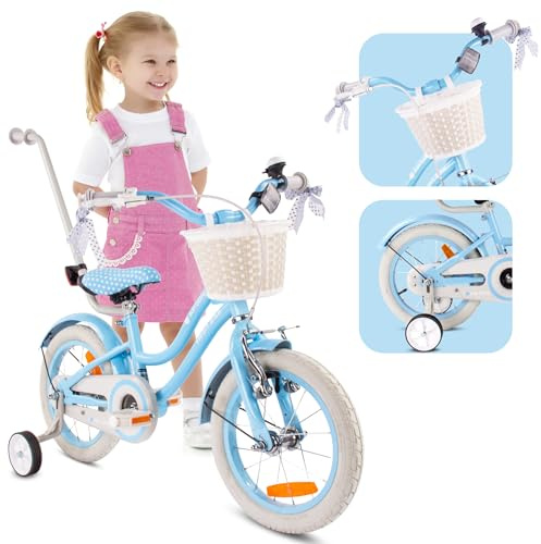 sun baby HEART BIKE Barncykel 14 tum, Cykel för barn 2-6 år, Cykel med stödhjul, pushbar, justerbar sadel och styre (Silver Moon - Blå)