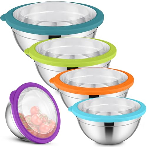 Herogo Rührschüssel 5er Set | Edelstahl Schüssel Schüsselset mit Transparenter Luftdichtem Deckel, 4,5L/2,7L/1,5L/1,2L/0,7L Spülmaschinenfest, Bunt