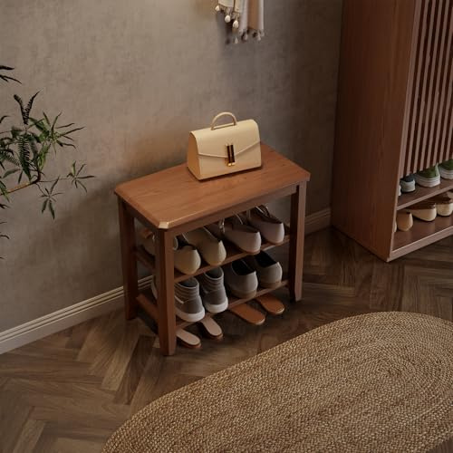 AQIMUELE Banco Zapatero, Organizador de Zapatos de Madera de 3 Niveles, Banco de Pasillo, Estante Ajustable, Soporta hasta 226 kg, 30 x 60 x 52 cm, para Entrada, Baño, Dormitorio, Nogal