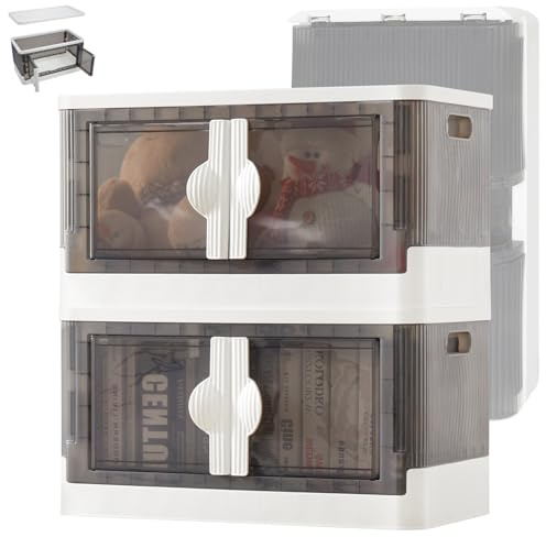 Warmiehomy 55L*2 Pack Stackable Storage Boxes with Lid,Plastic Storage Boxes on Wheels, Foldable Collapsible Plastic Drawers Folding Bins Containers for Home Wardrobe Office Organisation