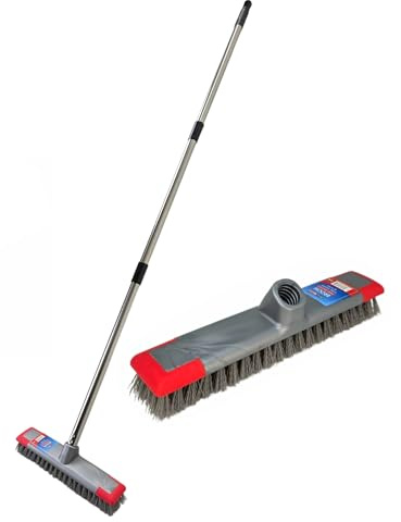 BH | Outdoor Garden Broom - 1.2m Stick |12 Head | Adjustable | Red Gray | Stiff Hard Brush | Scrub Brush long Stainless Steel Handle | Sweeping Patio, Garden Yard Outdoor Driveway - By BEST HOUSE