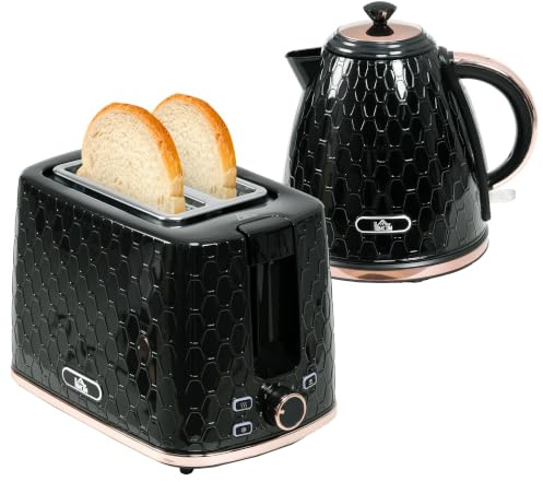 HOMCOM Wasserkocher- und Toaster-Set 2200W Schwarz | 1,7L Schnellkoch-Wasserkocher, Automatischer Abschaltung, 2-Scheiben-Toaster, 7 Bräunungsstufen, Krümelschublade, Thermostat