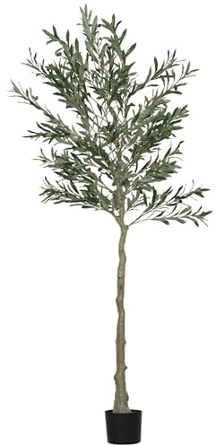Árbol de olivo artificial grande de 180 cm, planta artificial de plástico, olivo en maceta, árbol artificial con cemento, musgo artificial para salón, dormitorio, decoración, oficina