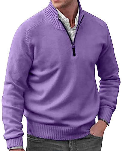Maglioni da uomo in cashmere 1/4 di base, pullover casual a maniche lunghe, camicia a maglia con collo alto, maglioni invernali alla moda autunno tinta unita casual sciolto lana con scollo a V, Viola