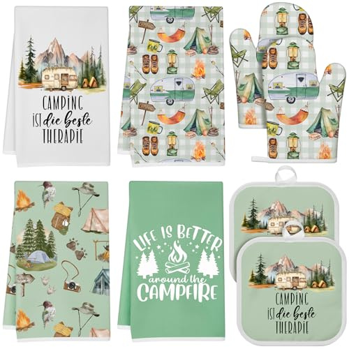 Hahafelt 8 Pcs Camping Kitchen Gift Dish Towel Pot Holder Oven Mitt Set 4 Bonfire Tent Car Tea Towels with Funny Sayings Novelty 2 Oven Mitts 2 Pot Holders Camping Accessories Decor for Rv Campers