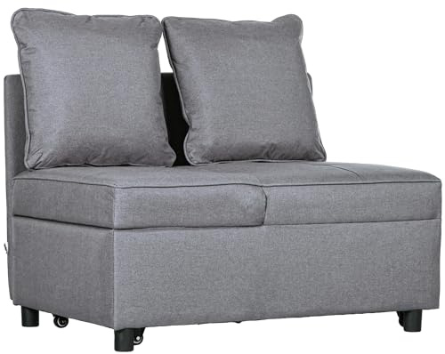 HOMCOM Poltrona Letto 3 in 1 Imbottita con Schienale Regolabile in 5 Posizioni e Cuscini, Divano Letto Una Piazza e Mezza in Tessuto Effetto Lino e Legno per Soggiorno, 98x71x67 cm, Grigio Scuro