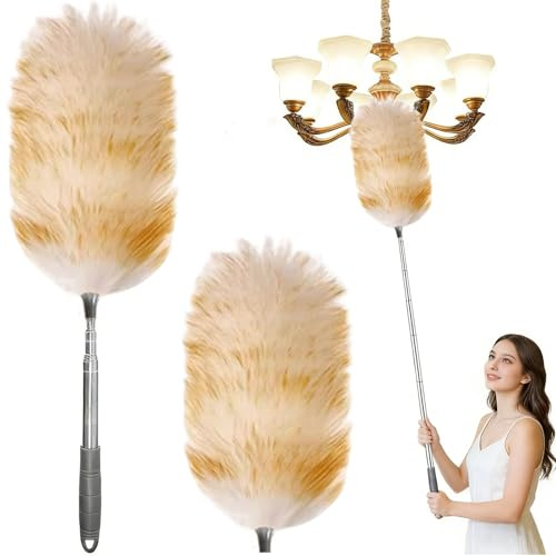 Kaxich Lammwolle Staubwedel Teleskop mit Ersatz-Staubwedelkopf, Waschbar & ausziehbar, 140 cm, Ausziehbar Feather Duster für Decken und Empfindliche Oberflächen
