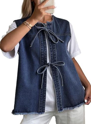 Astylish Womens Cute Bow Tie Denim Vest Blouse Top Casual Henley Neck Fashion Distressed Sleeveless Elegant Work 2026 Summer Spring Shirts Dark Blue Large