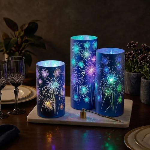 Set of 3 Celebration Hurricanes - Etched Firework Starburst Glass Pedestals with Warm White LED Lights, Twinkling Decorative Centerpiece for Mantel, Dining Table, Wedding & Holiday Décor(Blue)