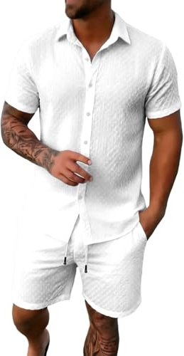 VIYUANH Completi Lino Uomo Estivi Leggeri Set Tuta Due Pezzi Uomo Comodo con Camicia e Pantaloncini Spiaggia Primavera Completo da Ginnastica Jogging Casa Outdoor Yoga