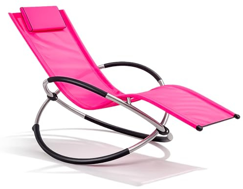 Poltrona Basculante Sdraio A Dondolo Da Giardino Con Poggiatesta Removibile In Textilene Traspirante Telaio In Metallo Ergonomica Relax Piscina Terrazzo Outdoor 73 x 150 x 93 Cm Fuxia