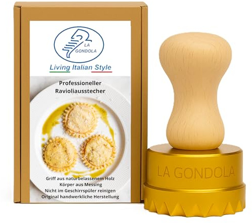 La Gondola Cortador de Raviolis Caseros - Redondo Festoneado 65 mm | Cortapastas de Latón y Madera Natural | Cortador de Pasta Robusto y Fácil de Usar | Utensilios para Pasta Fresca Hechos en Italia