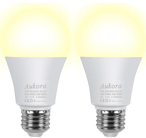 Motion Sensor Light Bulbs, Aukora 12W (100-Watt Equivalent) E26 Motion Activated Dusk to Dawn Security Light Bulb Outdoor/Indoor for Front Door Porch Garage Basement Hallway Closet(Warm White 2 Pack)