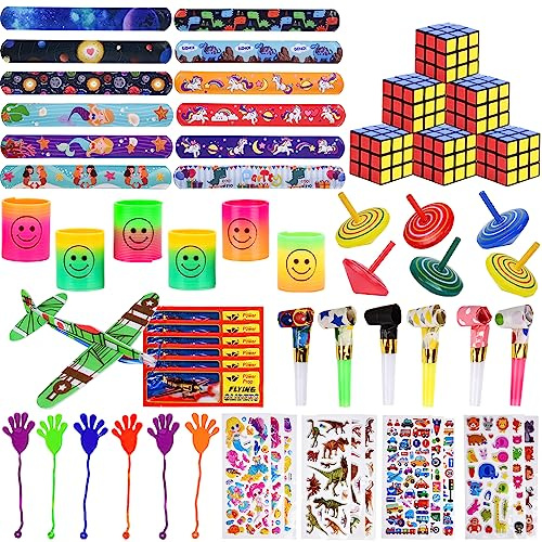 Herefun Cadeau Anniversaire Enfants, 60 pcs Invites Cadeaux de Fête Anniversaire Slap Bracelets, Mini Jouets de Printemps, Mini Cubes Magiques, Assortiment de Jouets pour Enfants Fournitures de Fête