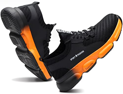 IYVW 832 Chaussure de Securite Femme S1P SRC Antidérapant Chaussures Montante Travail Embout en Acier Protection Respirant Noir Orange 45 EU