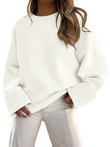 LILLUSORY Women's Oversized Sweaters 2023 Fall Fuzzy Knit Chunky Warm Pullover Sweater, White, M