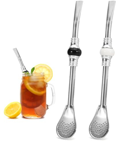 SNOMEL 2 Pcs Stainless Steel Yerba Mate Straw, Reusable Bombilla Mate Spoon Straws, 7.4 Inch Long Tea Coffee Filter Straw for Loose Tea Cocktail (Black & White Bead)