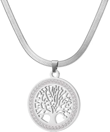 Dreamtimes Livets träd halsband för kvinnor rostfritt stål guldfärg klar zirkon rund hänge hals kedjor familjeträd mode berlock lyx smycken bröllopspresent, 17.71+1.96 inches, Rostfritt stål, Ingen