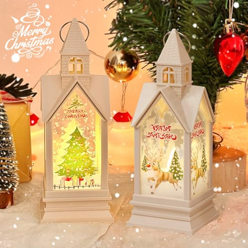 2 Stück Weihnachtsdeko Laterne Häuser Weihnachtslaterne mit LED, Weihnachten Elch Weihnachtsbaum Laterne Häuser Hängend Weihnachten Laterne Beleuchtete Windlicht Warmweißes Weihnachtsdekoration