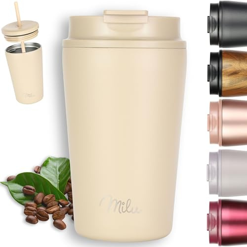 Milu Thermobecher 400ml - 100% Auslaufsicher - Edelstahl Kaffeebecher to go isoliert mit Strohhalm hält 10h heiß / 20h kalt, BPA-frei (Beige, 400ml)