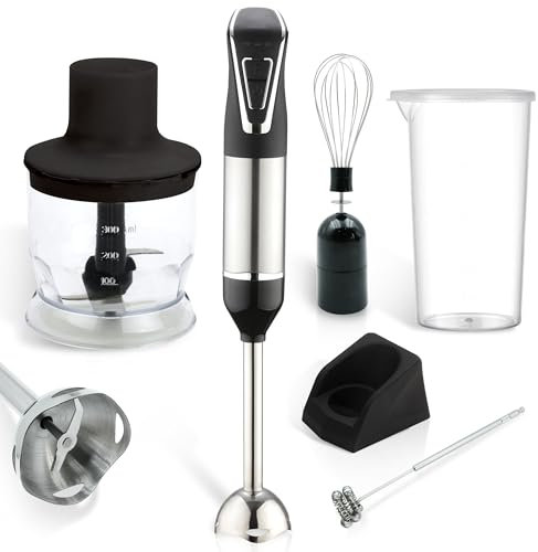 5 in 1 Portable Cordless Immersion Blender, Ice Crusher Power with One Touch Speed Control, Comes with Potato Grinder, Whisk, Chopper, Glass of