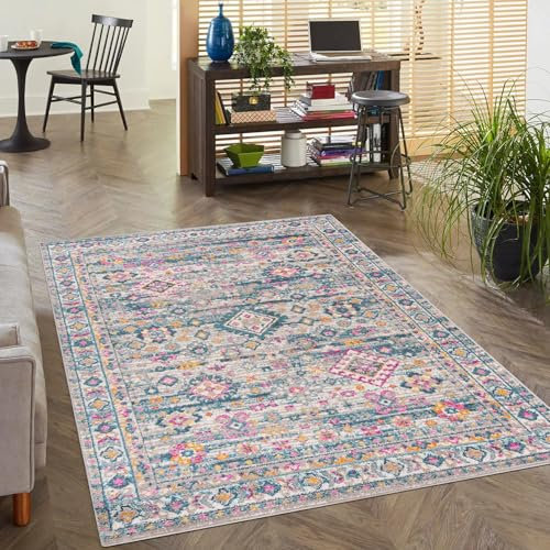 Mazovia Teppich - Bunt Mehrfarbig Modern Ethnisch Teppich für Wohnzimmer, Schlafzimmer, Esszimmer, Büro - Kurzflor Rechteckig - ÖKO-TEX Zertifiziert - Orientalisch Teppiche - Grau Rosa - 200 x 300 cm