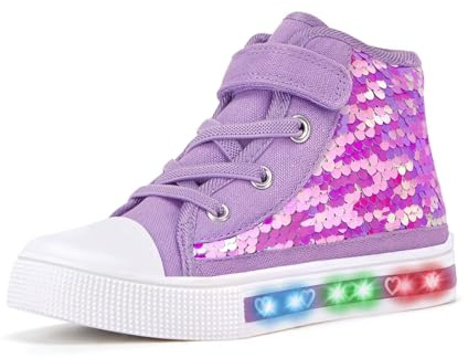 Girls Trainers Kids High-Top Flashing Canvas Shoes Unisex Child Light Up Lightweight Casual Shoes Purple Sequin Size 2