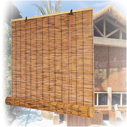 Bambusrollo Outdoor Wetterfest, Retro Bambus Raffrollo Rollos Vorhang für Fenster, Seitenzug Natur Holzrollos, Sonnenschutz und Sichtschutz Rollo Jalousine für Balkon und Türen 50 - 175 cm Breit(W135c
